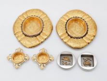 時代物　彫金　金工　緻密な毛彫りが美しい引手6点セット(引き手、鶴、ツル、鳥、花、植物、金具、ハンドル、取っ手、把手、藤原)(R-079114)