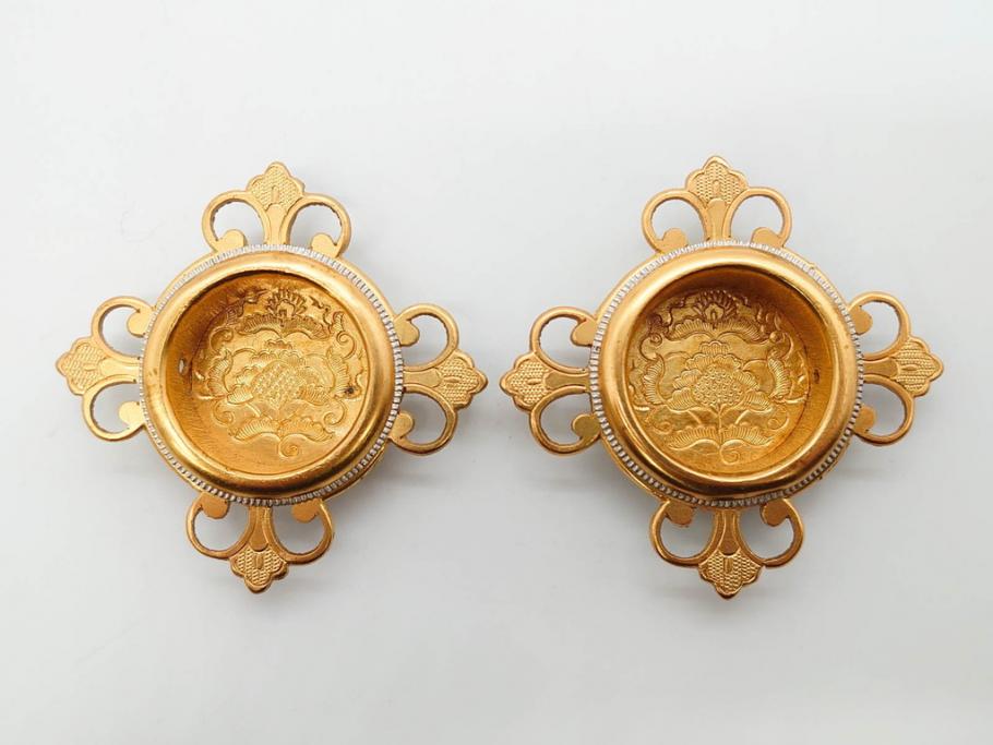 時代物　彫金　金工　緻密な毛彫りが美しい引手6点セット(引き手、鶴、ツル、鳥、花、植物、金具、ハンドル、取っ手、把手、藤原)(R-079114)