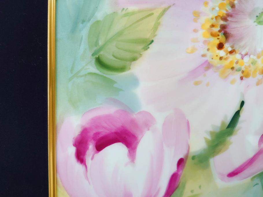 ドイツ　マイセン　Meissen　お部屋を華やかに彩る陶板画(プラーク、花、フラワー、ハンドペイント、西洋美術、額装、サイン有り)(R-079118)