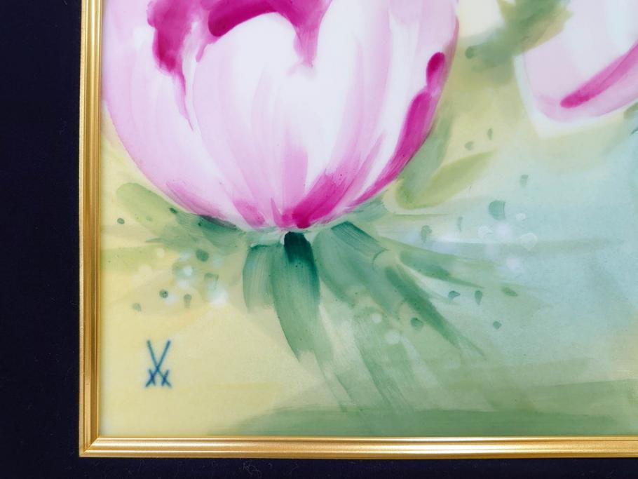 ドイツ　マイセン　Meissen　お部屋を華やかに彩る陶板画(プラーク、花、フラワー、ハンドペイント、西洋美術、額装、サイン有り)(R-079118)