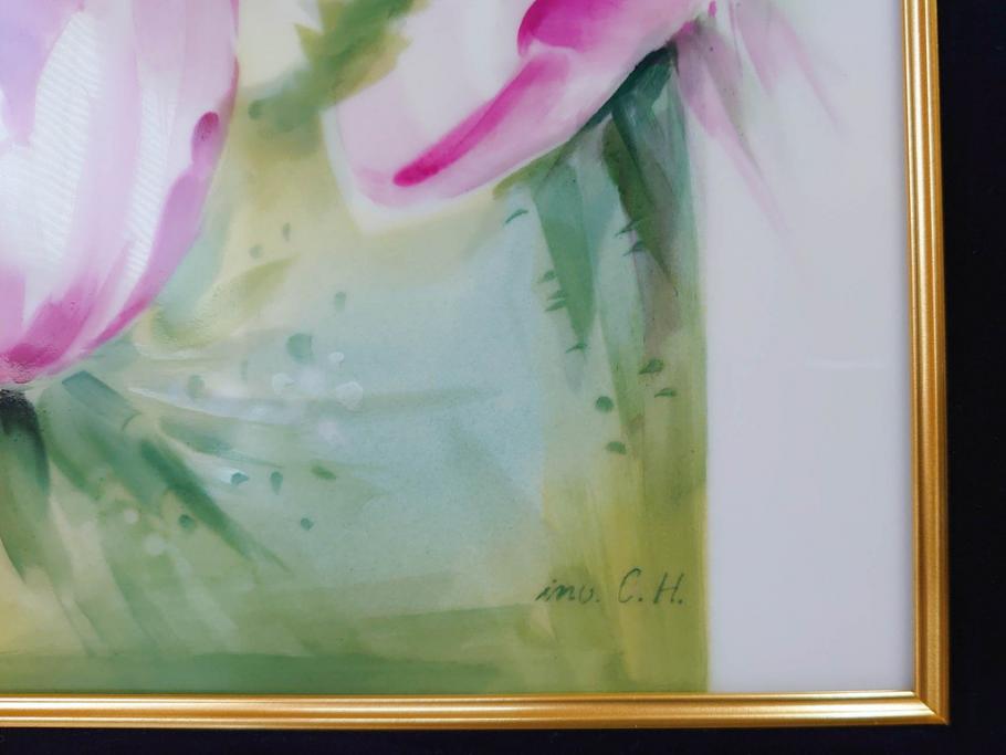 ドイツ　マイセン　Meissen　お部屋を華やかに彩る陶板画(プラーク、花、フラワー、ハンドペイント、西洋美術、額装、サイン有り)(R-079118)