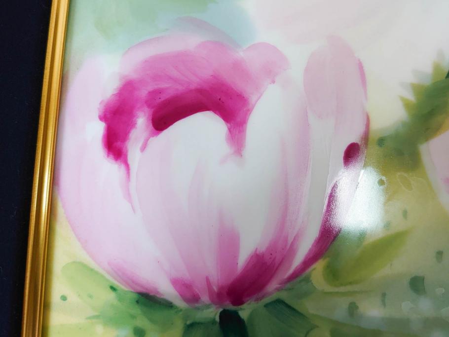 ドイツ　マイセン　Meissen　お部屋を華やかに彩る陶板画(プラーク、花、フラワー、ハンドペイント、西洋美術、額装、サイン有り)(R-079118)