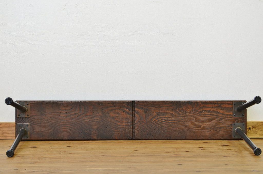 アンティーク家具　重厚!古い木の鉄脚ベンチ3(アイアン、長イス、長椅子)