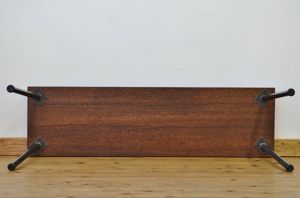 アンティーク家具　古い木のシンプルな鉄脚ベンチ3(アイアン、長イス)