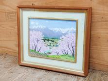 真作　野溝嘉彦　「風越山と桜」　F6(6号)　絵画(油絵、油彩、風景、桜、山、春、額装、肉筆、サイン入り)(R-079120)