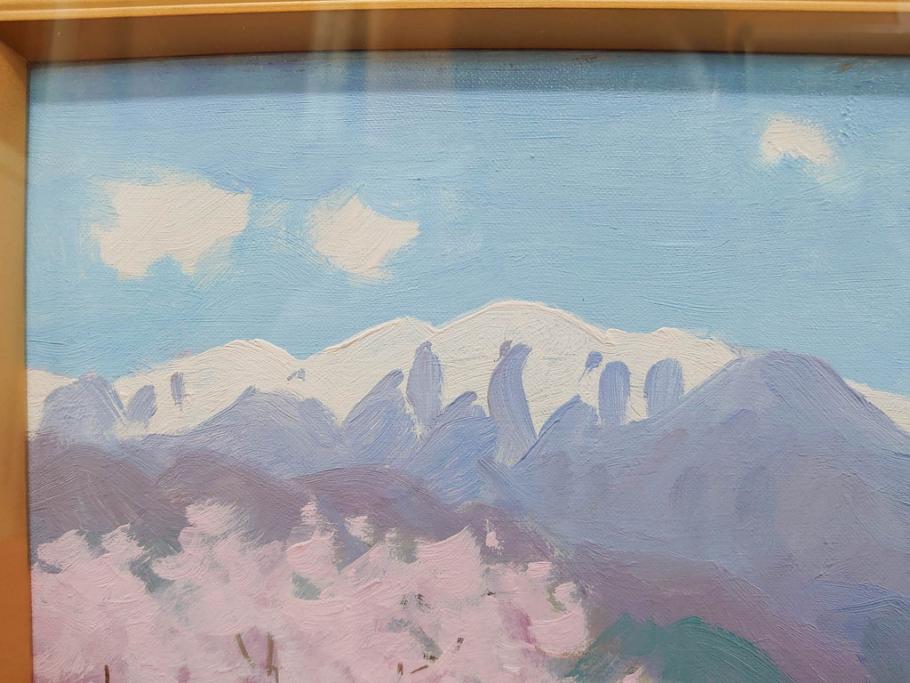 真作　野溝嘉彦　「風越山と桜」　F6(6号)　絵画(油絵、油彩、風景、桜、山、春、額装、肉筆、サイン入り)(R-079120)