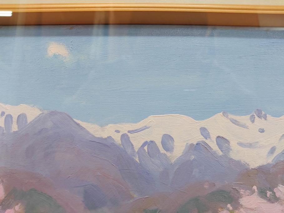 真作　野溝嘉彦　「風越山と桜」　F6(6号)　絵画(油絵、油彩、風景、桜、山、春、額装、肉筆、サイン入り)(R-079120)