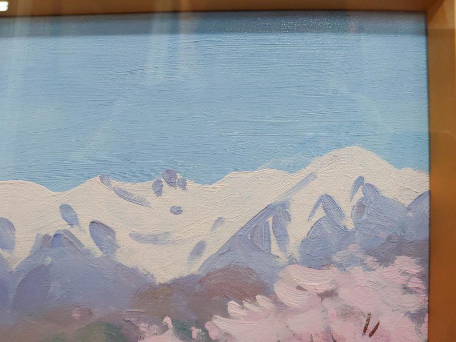 真作　野溝嘉彦　「風越山と桜」　F6(6号)　絵画(油絵、油彩、風景、桜、山、春、額装、肉筆、サイン入り)(R-079120)