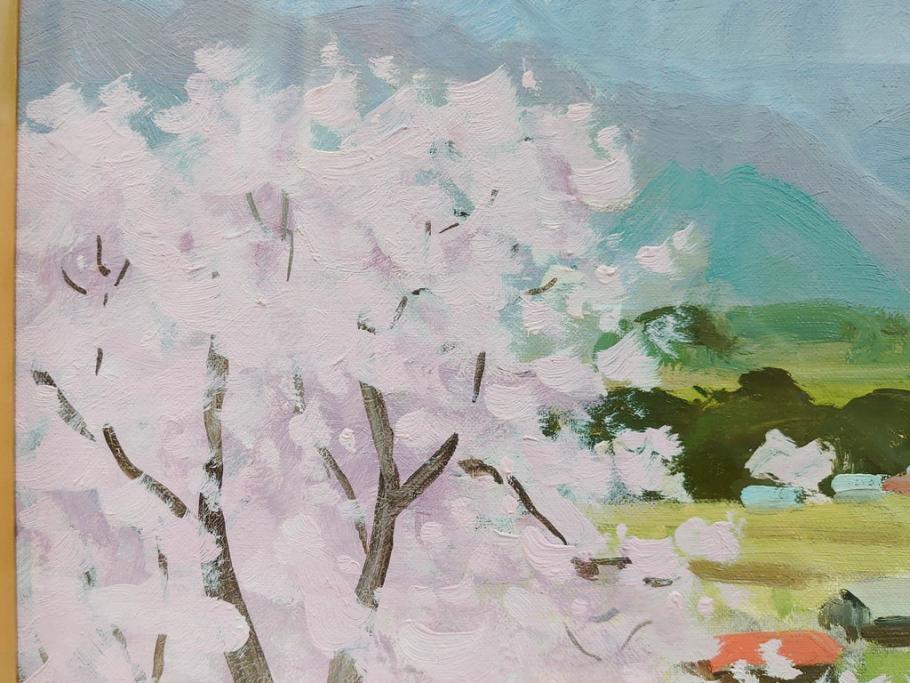 真作　野溝嘉彦　「風越山と桜」　F6(6号)　絵画(油絵、油彩、風景、桜、山、春、額装、肉筆、サイン入り)(R-079120)