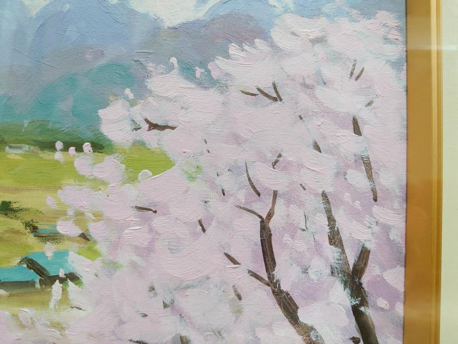 真作　野溝嘉彦　「風越山と桜」　F6(6号)　絵画(油絵、油彩、風景、桜、山、春、額装、肉筆、サイン入り)(R-079120)
