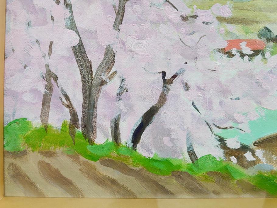 真作　野溝嘉彦　「風越山と桜」　F6(6号)　絵画(油絵、油彩、風景、桜、山、春、額装、肉筆、サイン入り)(R-079120)