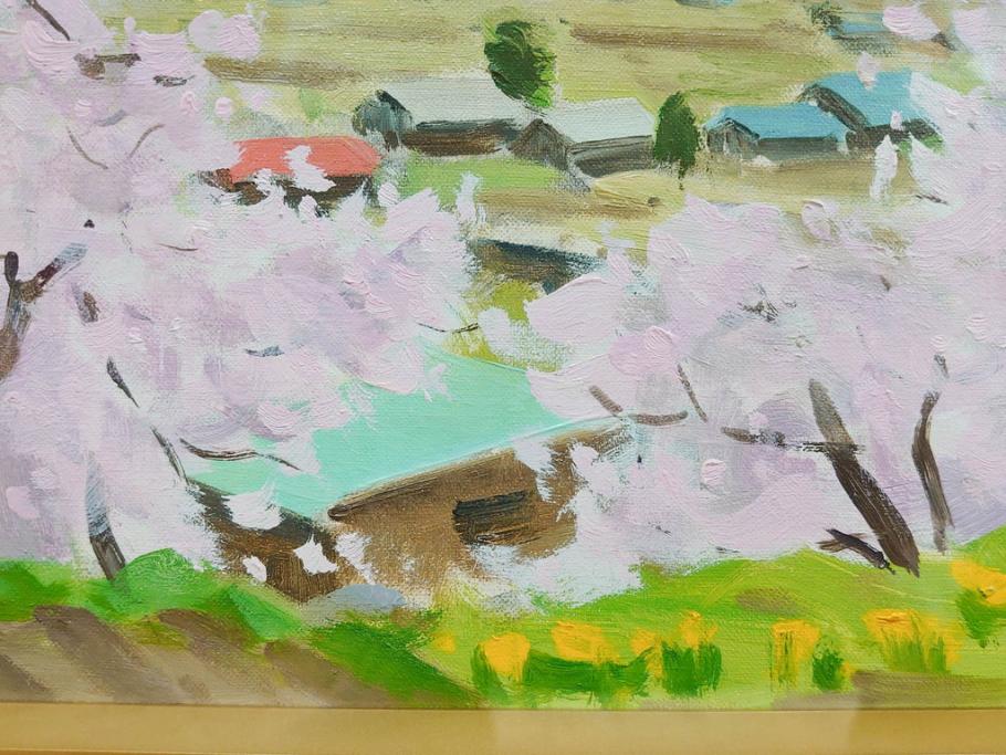 真作　野溝嘉彦　「風越山と桜」　F6(6号)　絵画(油絵、油彩、風景、桜、山、春、額装、肉筆、サイン入り)(R-079120)