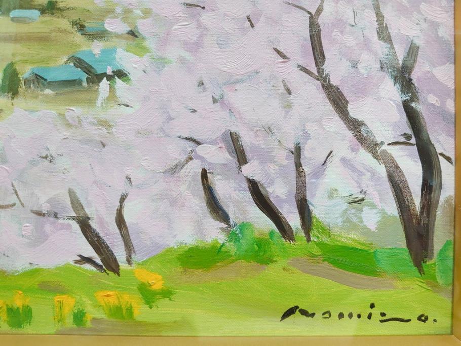 真作】絵画 油彩12号 風景画 春の里山 桜咲く古民家の風景