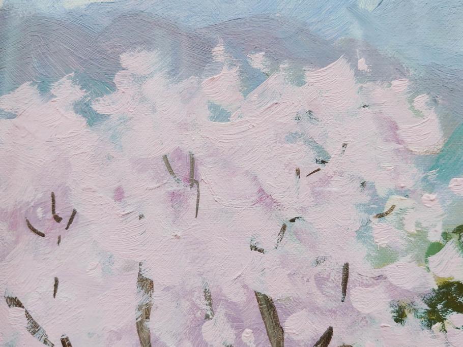 真作　野溝嘉彦　「風越山と桜」　F6(6号)　絵画(油絵、油彩、風景、桜、山、春、額装、肉筆、サイン入り)(R-079120)