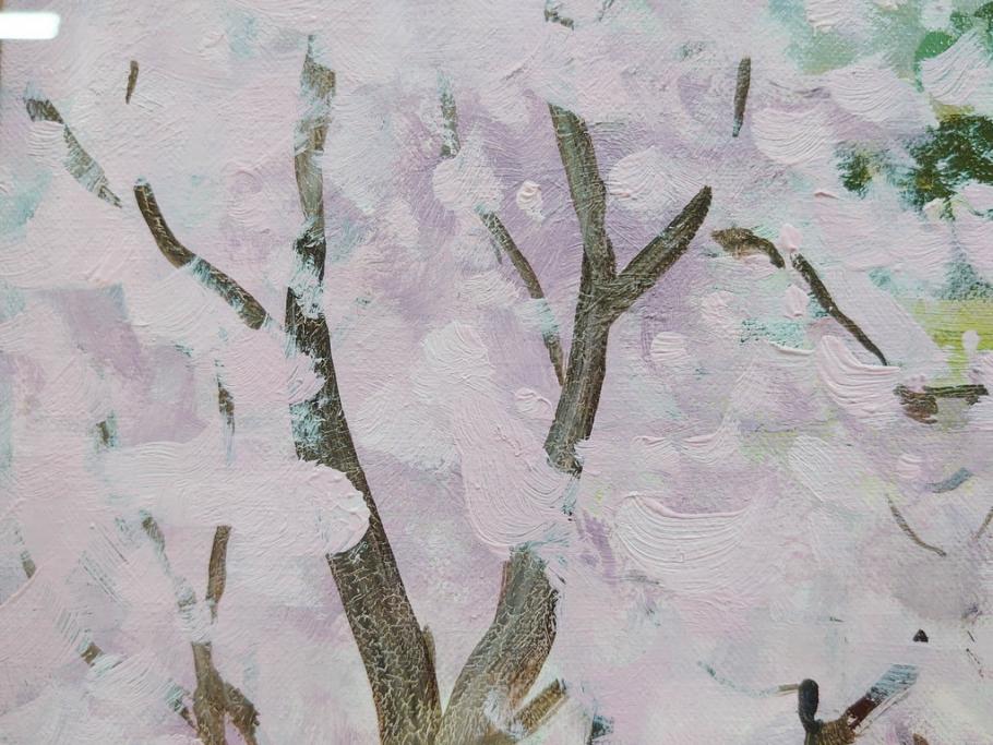 真作　野溝嘉彦　「風越山と桜」　F6(6号)　絵画(油絵、油彩、風景、桜、山、春、額装、肉筆、サイン入り)(R-079120)