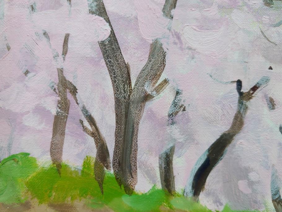 真作　野溝嘉彦　「風越山と桜」　F6(6号)　絵画(油絵、油彩、風景、桜、山、春、額装、肉筆、サイン入り)(R-079120)