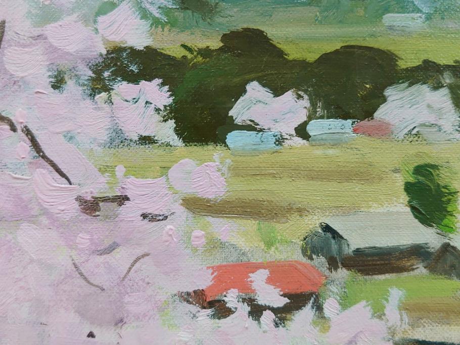 真作　野溝嘉彦　「風越山と桜」　F6(6号)　絵画(油絵、油彩、風景、桜、山、春、額装、肉筆、サイン入り)(R-079120)