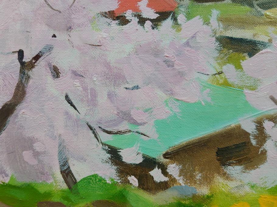 真作　野溝嘉彦　「風越山と桜」　F6(6号)　絵画(油絵、油彩、風景、桜、山、春、額装、肉筆、サイン入り)(R-079120)
