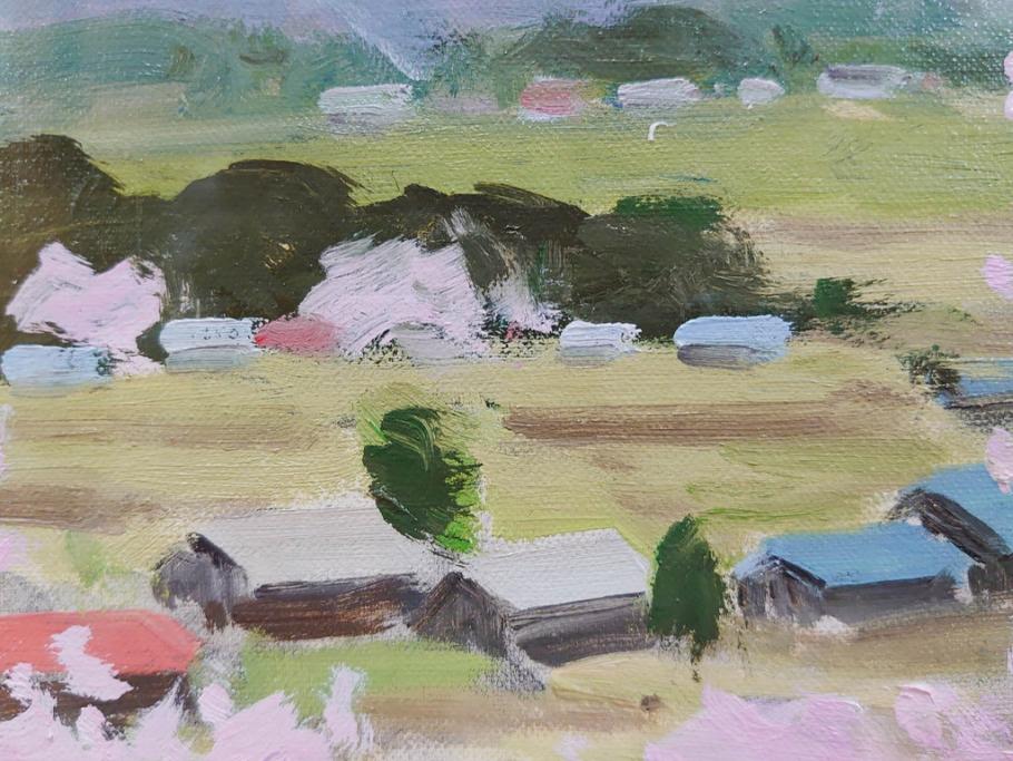 真作　野溝嘉彦　「風越山と桜」　F6(6号)　絵画(油絵、油彩、風景、桜、山、春、額装、肉筆、サイン入り)(R-079120)