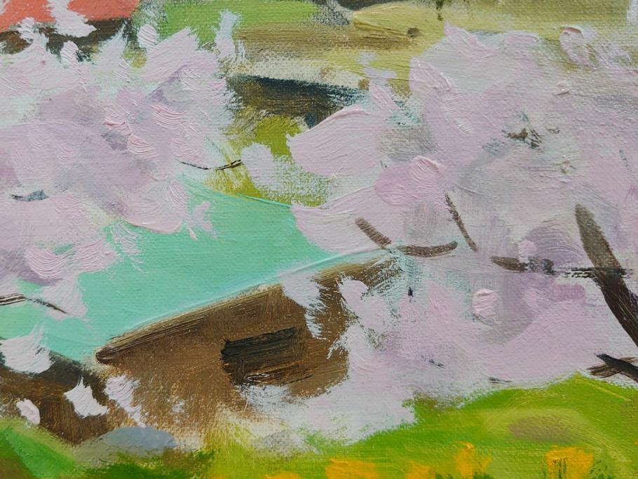 真作　野溝嘉彦　「風越山と桜」　F6(6号)　絵画(油絵、油彩、風景、桜、山、春、額装、肉筆、サイン入り)(R-079120)