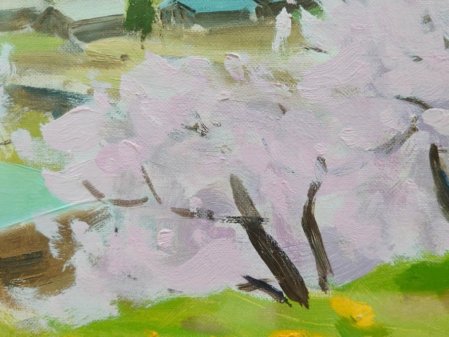 真作　野溝嘉彦　「風越山と桜」　F6(6号)　絵画(油絵、油彩、風景、桜、山、春、額装、肉筆、サイン入り)(R-079120)