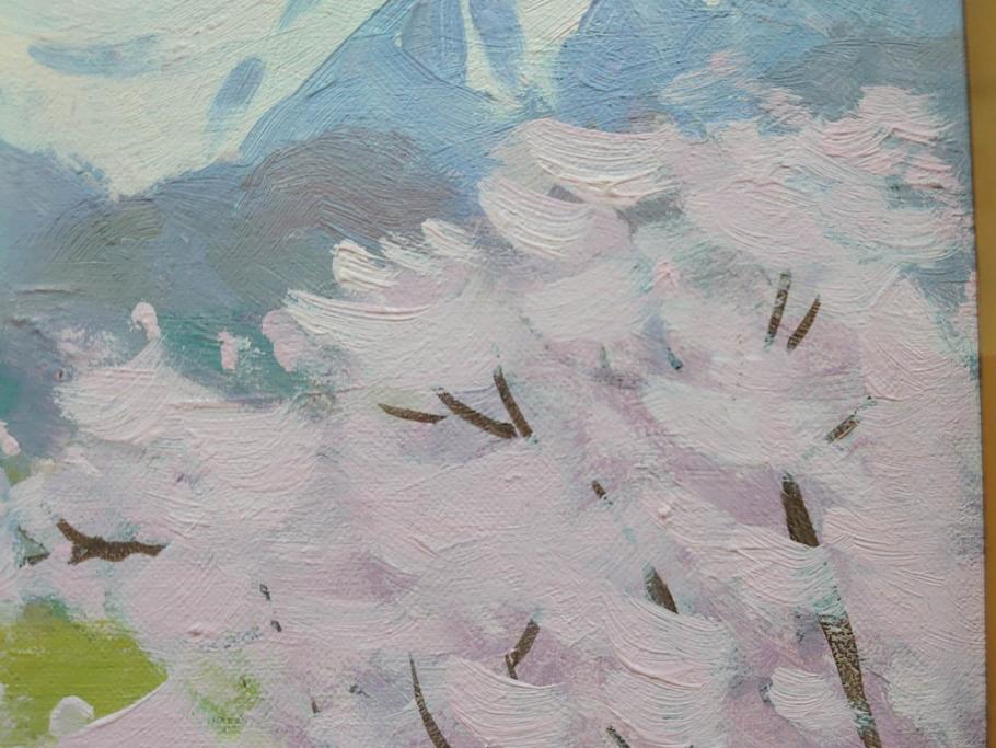 真作　野溝嘉彦　「風越山と桜」　F6(6号)　絵画(油絵、油彩、風景、桜、山、春、額装、肉筆、サイン入り)(R-079120)