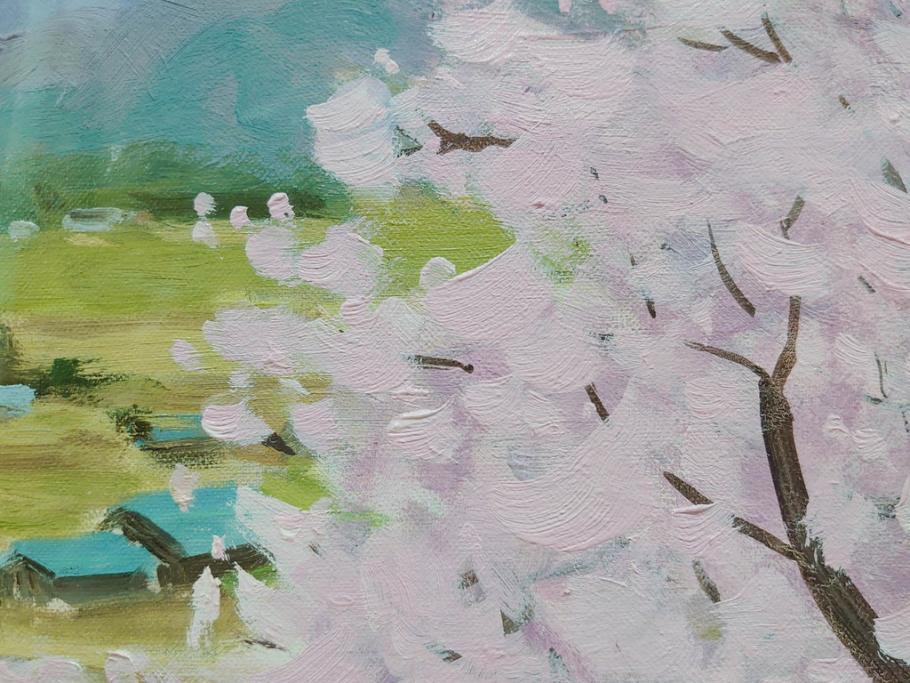 真作　野溝嘉彦　「風越山と桜」　F6(6号)　絵画(油絵、油彩、風景、桜、山、春、額装、肉筆、サイン入り)(R-079120)