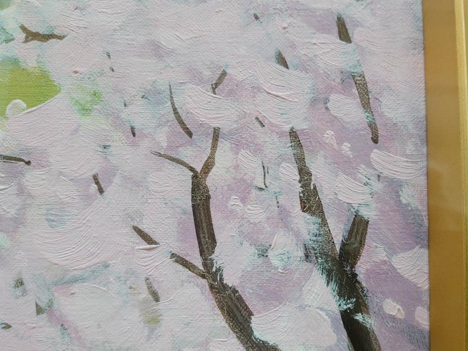 真作　野溝嘉彦　「風越山と桜」　F6(6号)　絵画(油絵、油彩、風景、桜、山、春、額装、肉筆、サイン入り)(R-079120)