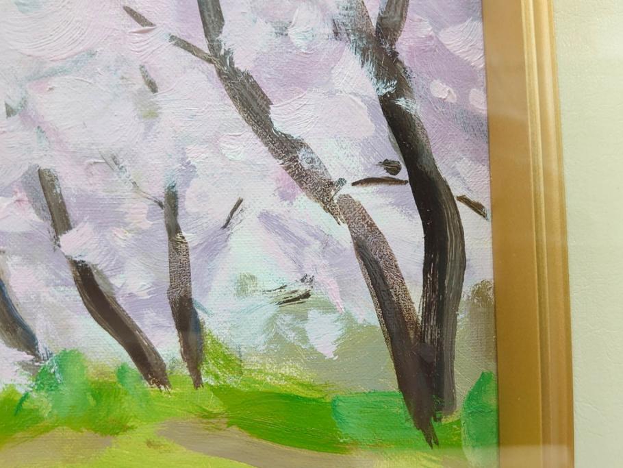 真作　野溝嘉彦　「風越山と桜」　F6(6号)　絵画(油絵、油彩、風景、桜、山、春、額装、肉筆、サイン入り)(R-079120)