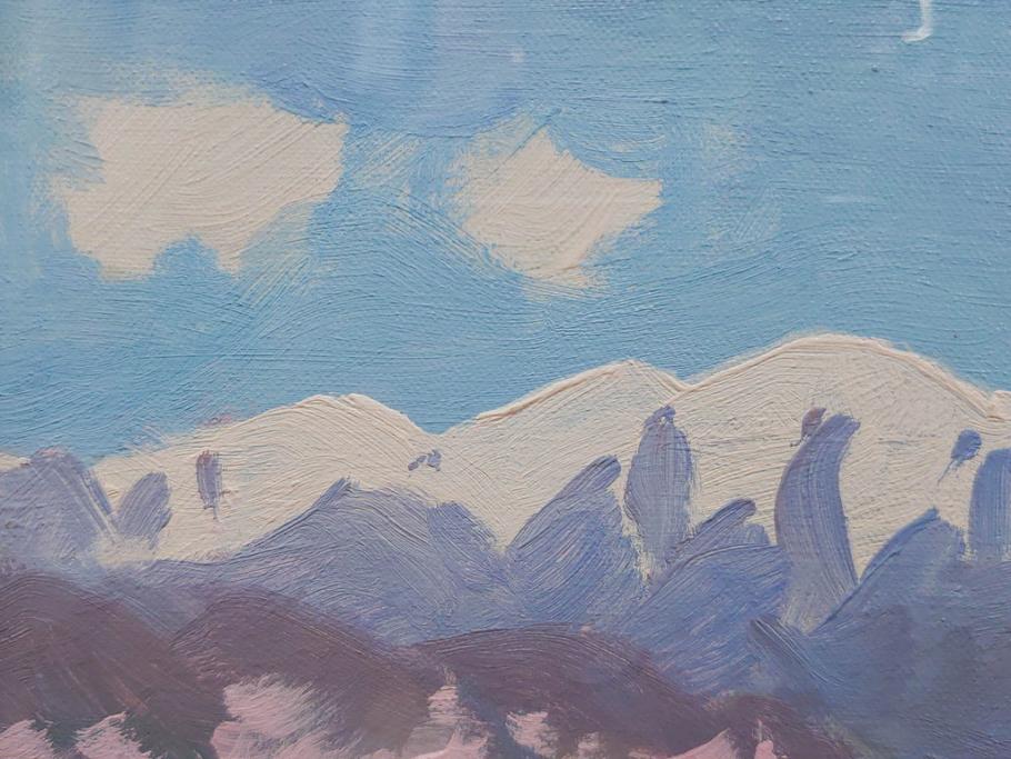 真作　野溝嘉彦　「風越山と桜」　F6(6号)　絵画(油絵、油彩、風景、桜、山、春、額装、肉筆、サイン入り)(R-079120)