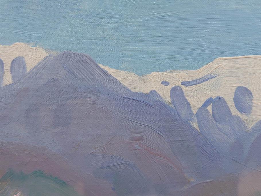真作　野溝嘉彦　「風越山と桜」　F6(6号)　絵画(油絵、油彩、風景、桜、山、春、額装、肉筆、サイン入り)(R-079120)
