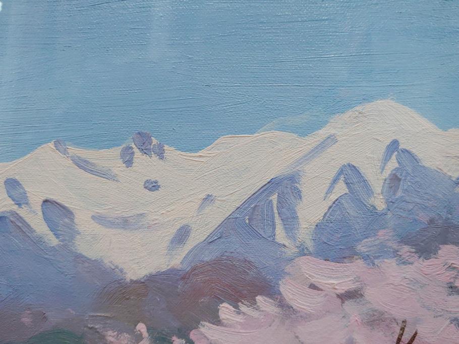 真作　野溝嘉彦　「風越山と桜」　F6(6号)　絵画(油絵、油彩、風景、桜、山、春、額装、肉筆、サイン入り)(R-079120)