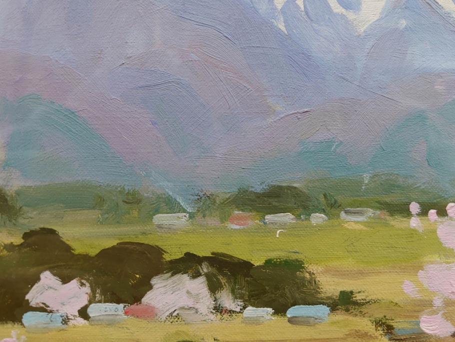真作　野溝嘉彦　「風越山と桜」　F6(6号)　絵画(油絵、油彩、風景、桜、山、春、額装、肉筆、サイン入り)(R-079120)