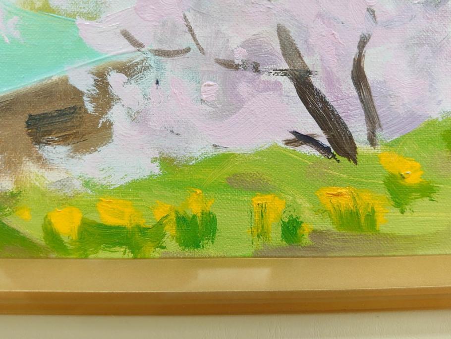 真作　野溝嘉彦　「風越山と桜」　F6(6号)　絵画(油絵、油彩、風景、桜、山、春、額装、肉筆、サイン入り)(R-079120)
