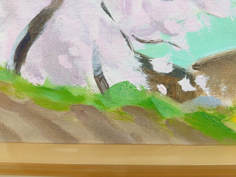 真作　野溝嘉彦　「風越山と桜」　F6(6号)　絵画(油絵、油彩、風景、桜、山、春、額装、肉筆、サイン入り)(R-079120)