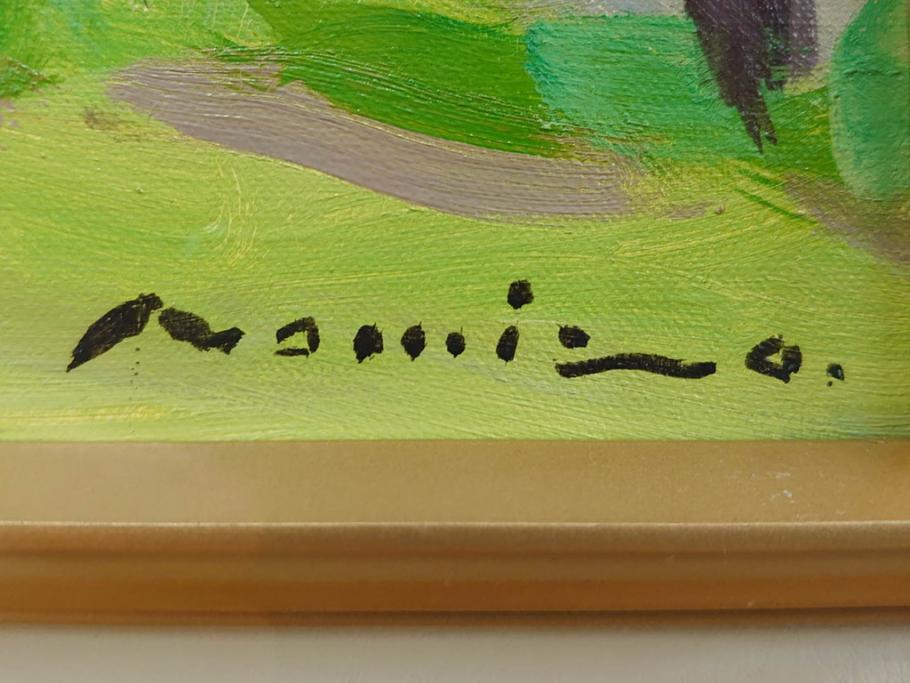真作　野溝嘉彦　「風越山と桜」　F6(6号)　絵画(油絵、油彩、風景、桜、山、春、額装、肉筆、サイン入り)(R-079120)