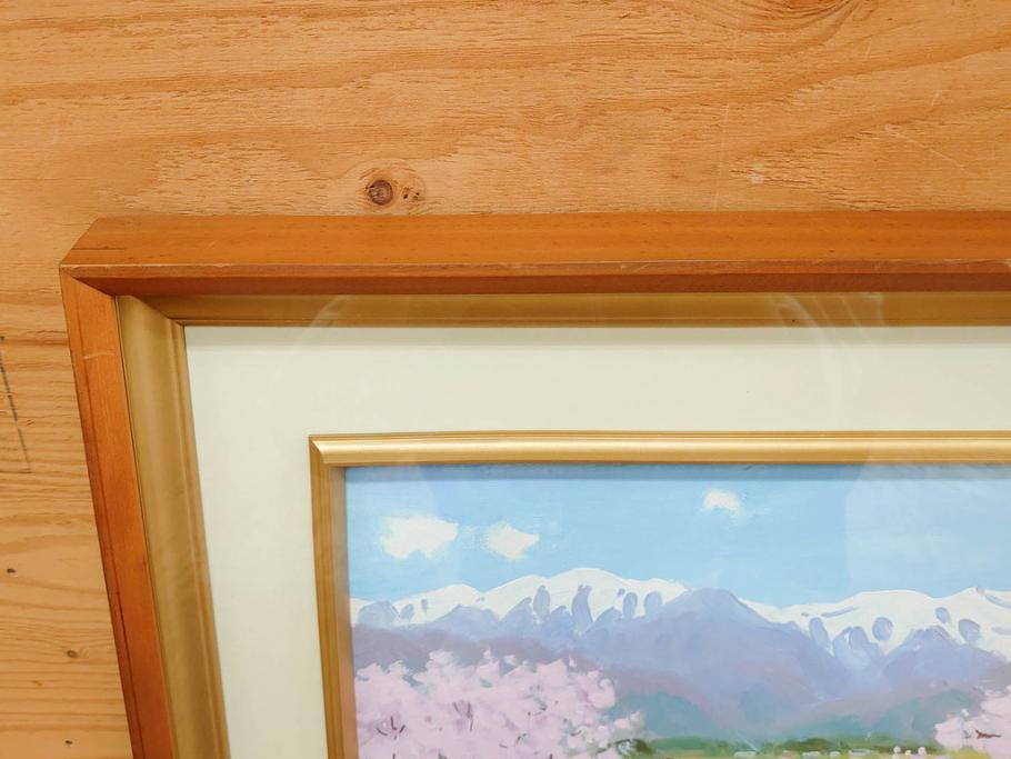 真作　野溝嘉彦　「風越山と桜」　F6(6号)　絵画(油絵、油彩、風景、桜、山、春、額装、肉筆、サイン入り)(R-079120)
