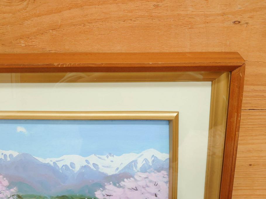 真作　野溝嘉彦　「風越山と桜」　F6(6号)　絵画(油絵、油彩、風景、桜、山、春、額装、肉筆、サイン入り)(R-079120)