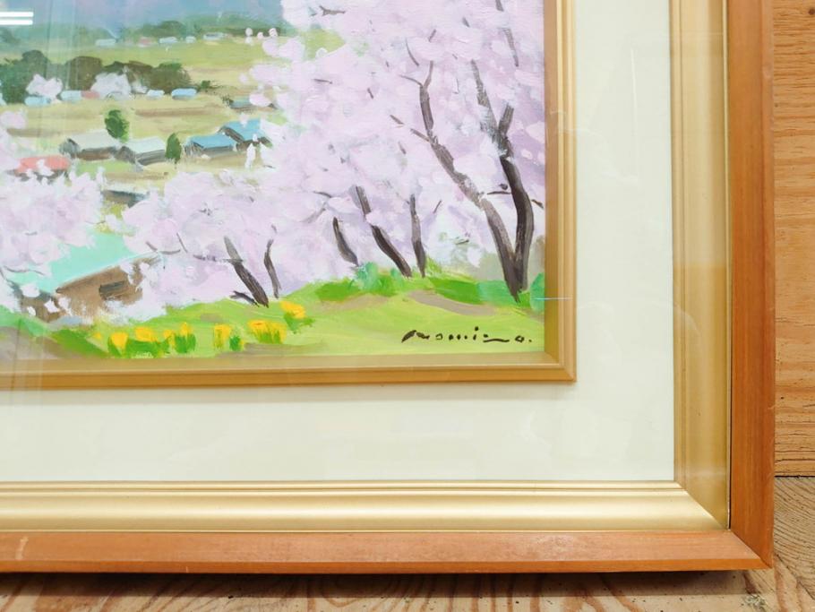 真作　野溝嘉彦　「風越山と桜」　F6(6号)　絵画(油絵、油彩、風景、桜、山、春、額装、肉筆、サイン入り)(R-079120)