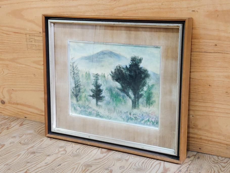 真作　1974年　サイタ亨　「草津天狗山 しゃくなげの咲く頃」　F6(6号)　絵画(鉛筆、水彩、DR.T.SAITA、サイン入り、落款印、肉筆、風景、花、山、額装)(R-079121)