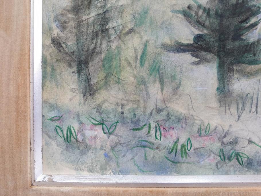 真作　1974年　サイタ亨　「草津天狗山 しゃくなげの咲く頃」　F6(6号)　絵画(鉛筆、水彩、DR.T.SAITA、サイン入り、落款印、肉筆、風景、花、山、額装)(R-079121)