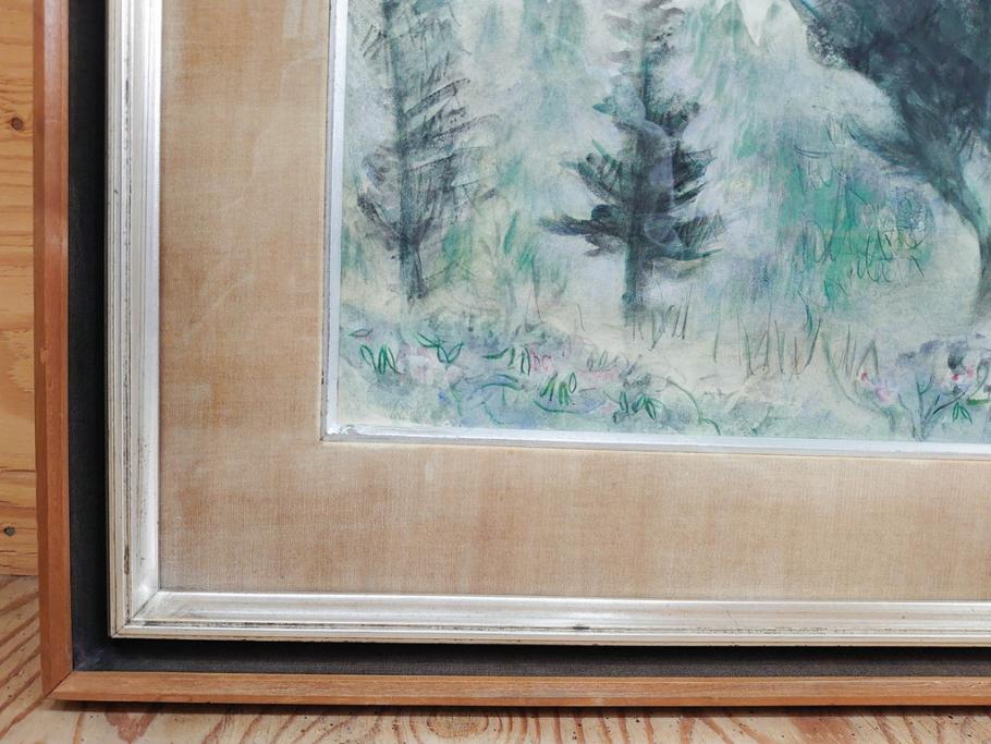 真作　1974年　サイタ亨　「草津天狗山 しゃくなげの咲く頃」　F6(6号)　絵画(鉛筆、水彩、DR.T.SAITA、サイン入り、落款印、肉筆、風景、花、山、額装)(R-079121)