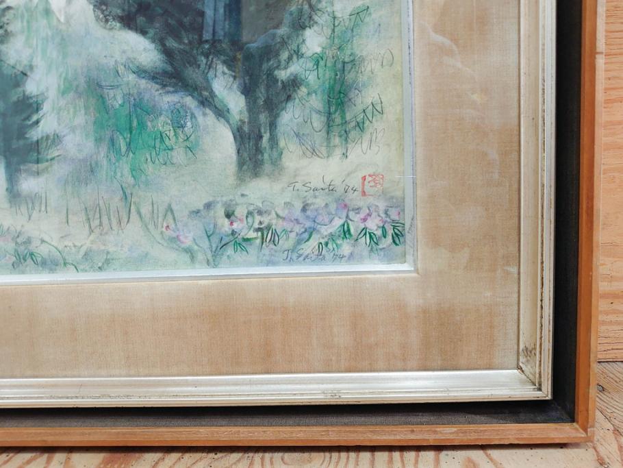 真作　1974年　サイタ亨　「草津天狗山 しゃくなげの咲く頃」　F6(6号)　絵画(鉛筆、水彩、DR.T.SAITA、サイン入り、落款印、肉筆、風景、花、山、額装)(R-079121)