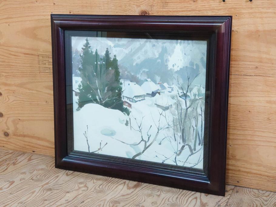 真作　野溝嘉彦　「塩の道・雪」　F10(10号)　絵画(油絵、油彩、肉筆、サイン入り、雪山、冬、風景、山村、額装)(R-079122)