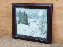 真作　野溝嘉彦　「塩の道・雪」　F10(10号)　絵画(油絵、油彩、肉筆、サイン入り、雪山、冬、風景、山村、額装)(R-079122)