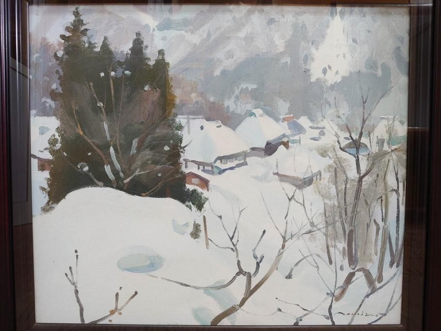 真作　野溝嘉彦　「塩の道・雪」　F10(10号)　絵画(油絵、油彩、肉筆、サイン入り、雪山、冬、風景、山村、額装)(R-079122)