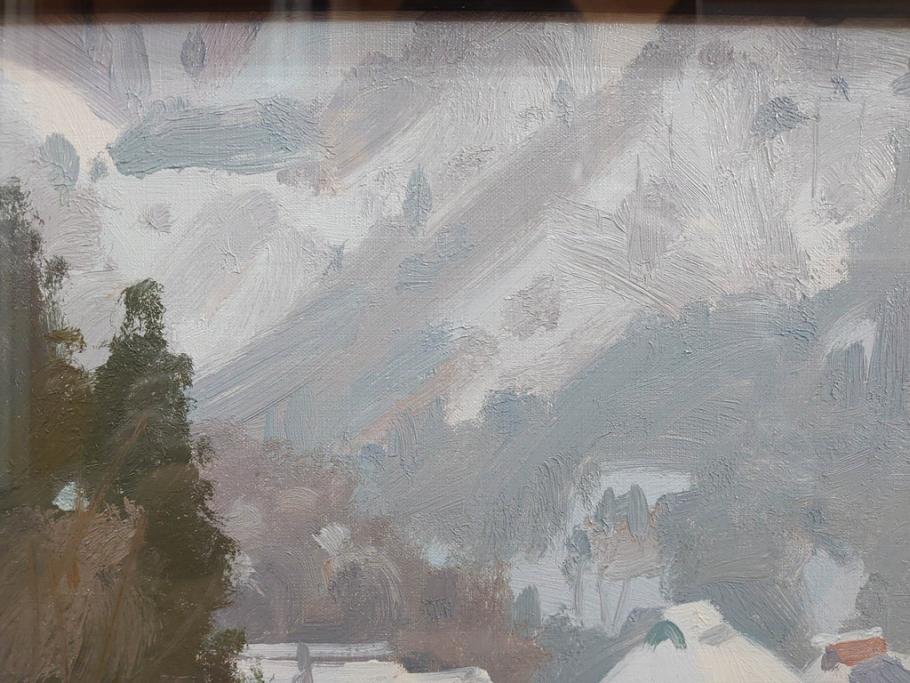 真作　野溝嘉彦　「塩の道・雪」　F10(10号)　絵画(油絵、油彩、肉筆、サイン入り、雪山、冬、風景、山村、額装)(R-079122)