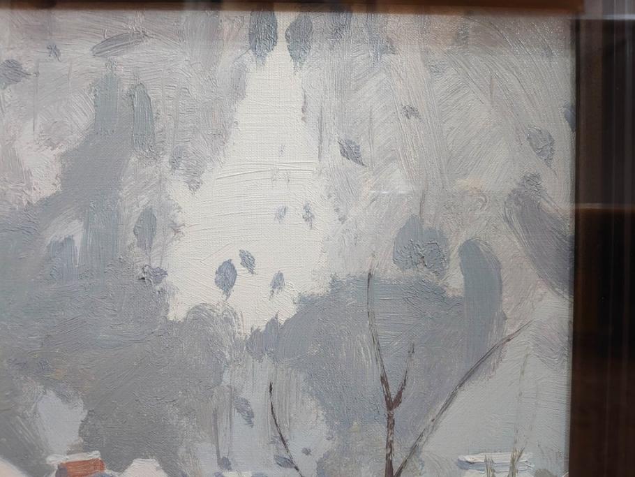 真作　野溝嘉彦　「塩の道・雪」　F10(10号)　絵画(油絵、油彩、肉筆、サイン入り、雪山、冬、風景、山村、額装)(R-079122)