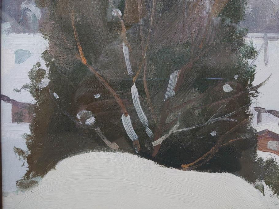 真作　野溝嘉彦　「塩の道・雪」　F10(10号)　絵画(油絵、油彩、肉筆、サイン入り、雪山、冬、風景、山村、額装)(R-079122)