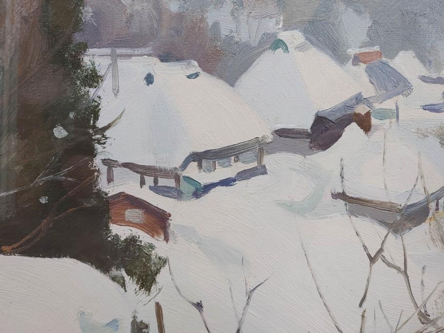 真作　野溝嘉彦　「塩の道・雪」　F10(10号)　絵画(油絵、油彩、肉筆、サイン入り、雪山、冬、風景、山村、額装)(R-079122)